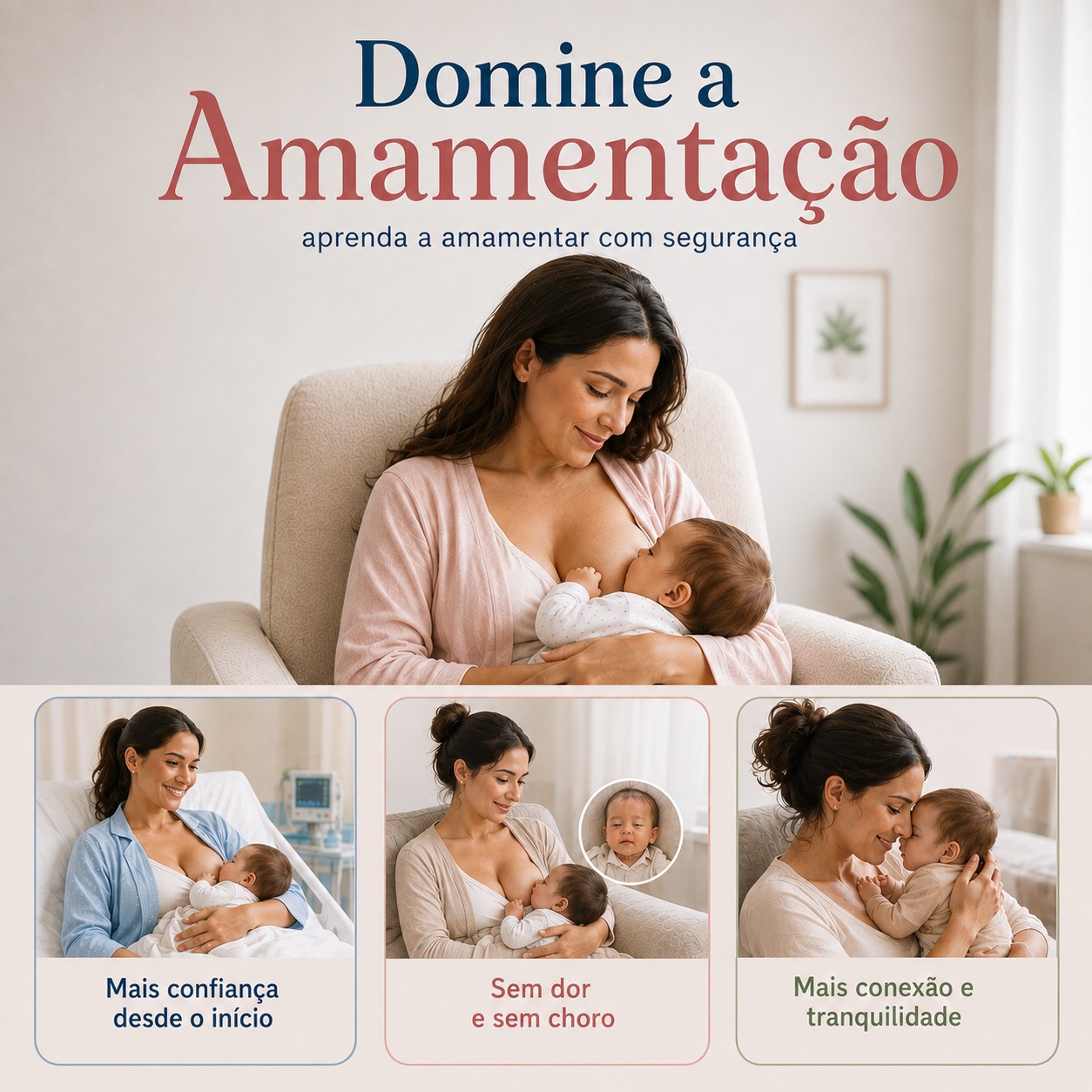 Ilustração Domine a Amamentação: mãe amamentando o bebê com tranquilidade, com selos de mais confiança desde o início, menos dor e menos choro, mais conexão e tranquilidade